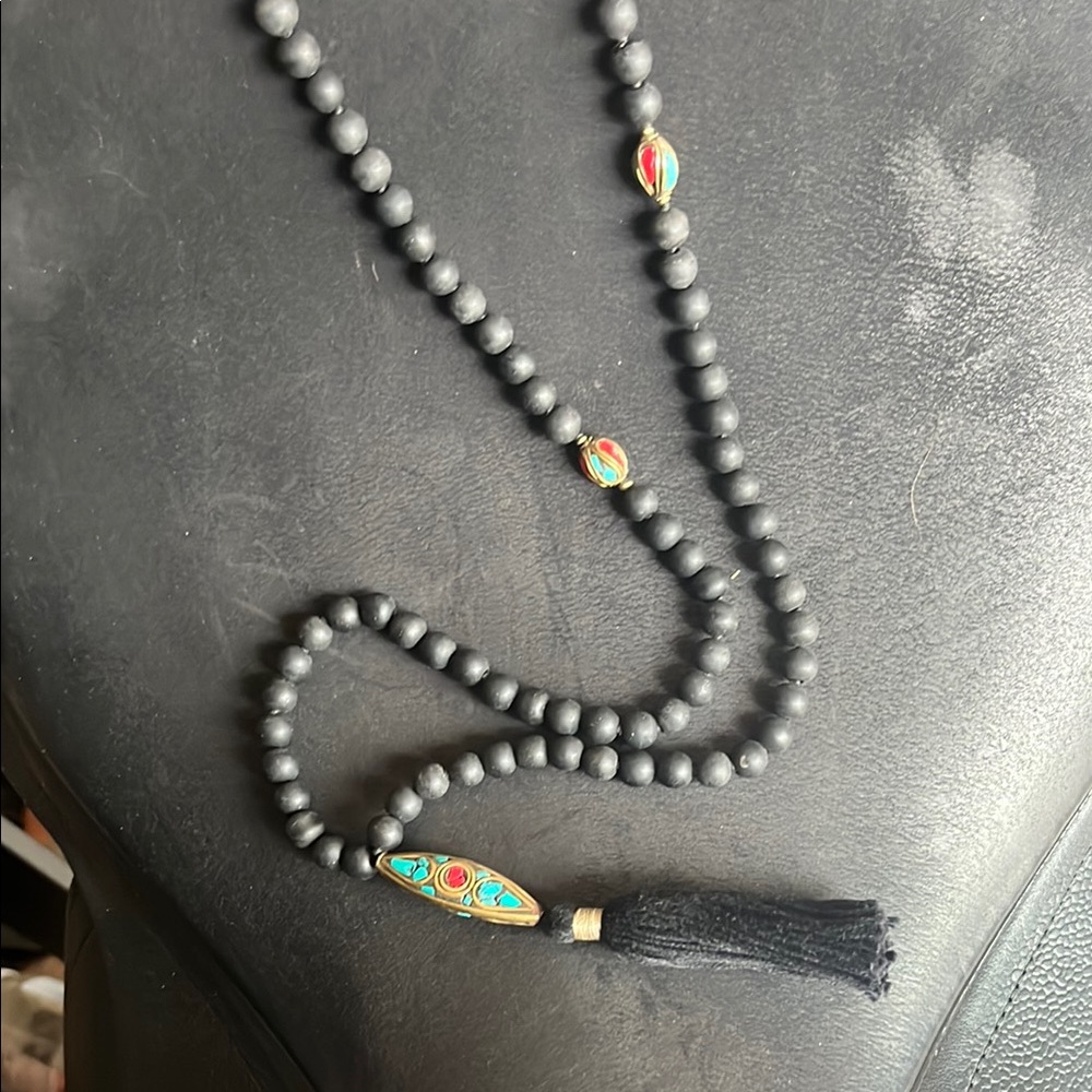 Black mala with turquoise and coral